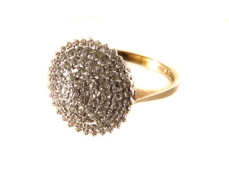 A 9ct gold and diamond cluster ring, the large cone shaped top set with multiple small brilliant cut diamonds, in high mount,