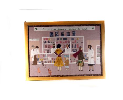 An Italian framed applique,  depicting a pharmacy, in a light wood frame, 166 x 77cm  