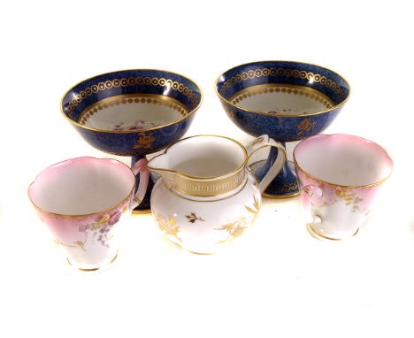 A pair of Goode & Co for Royal Worcester blue glazed goblets, together with a selection of later tea ware 