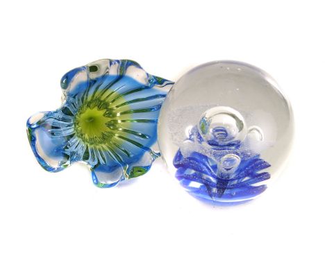 A giant Guaranteed Irish globe paperweight, in original box marked 'gi', together with an art glass sculpture by Vincenza, a 