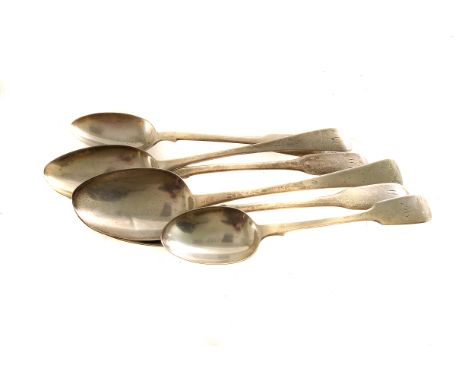 A collection of George III  and later silver flatware, mainly spoons, including four serving spoons, multiple tea spoons, two