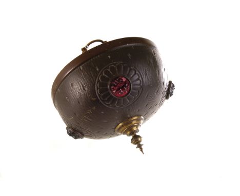 An Art Nouveau copper ceiling lamp, having blue and red glass decoration, with engraved design 