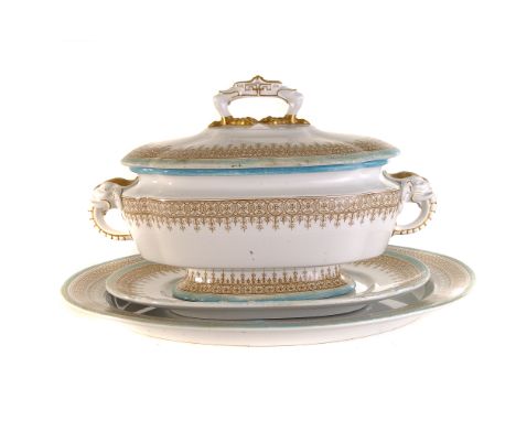 A Royal Worcester tureen and cover, with matching stand and meat platter, having gilt decoration, from The Essington Hotel, M
