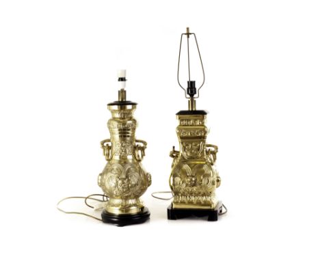 Two polished brass Chinese lamp bases, modelled as a square based vase, and a baluster vase, both with drop ring handles (2) 