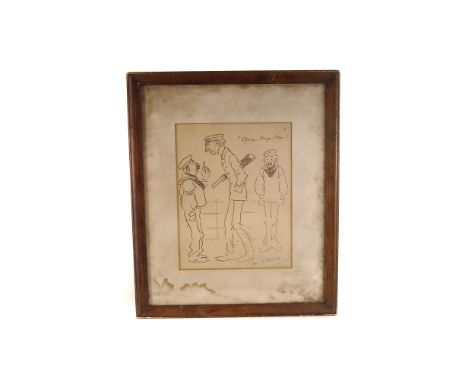 A pencil sketch of a couple chatting over a meal, from The Oppenheim Collection,  together with a pen and ink drawing of two 