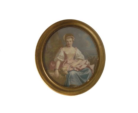 A 19th century oval pastel, depicting a portrait of a shepherdess in 18th century dress, in gilt frame  