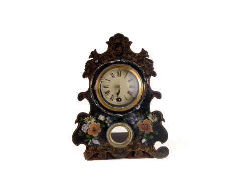 A Victorian mantle clock, with paper mache frontis, 30 hour movement, with floral decoration to front, AF 