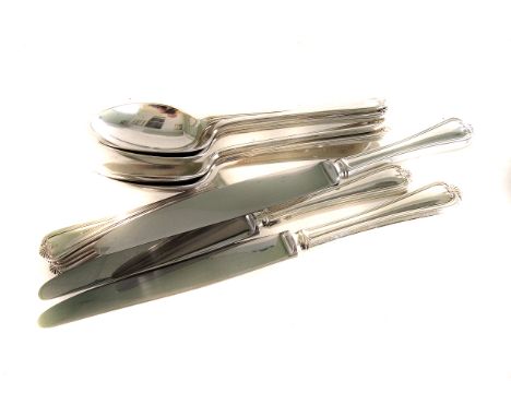 A collection of silver plated and other flatware, including Old English patter spoons and forks, three mother of pearl items,