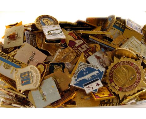 A selection of various Russian badges, various styles and subject matter, most with enamel decoration (parcel) 