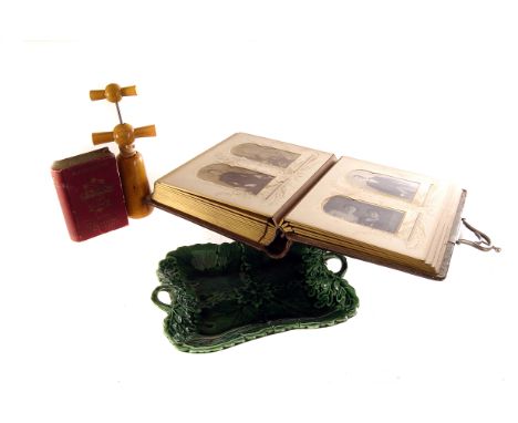 A selection of various objet d'art, including a white metal hip flask, playing cards, a glass lamp shade, pens, Jasperware an