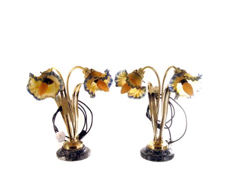 A pair of French modern brass and glass table lamps by Vianne, the floral lamp bases on marble plinths, having two branches w