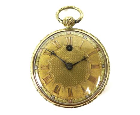 A George IV 18ct gold verge fusee pocket watch, open faced, key wind, foliate and engine turned decoration to case, the gold 