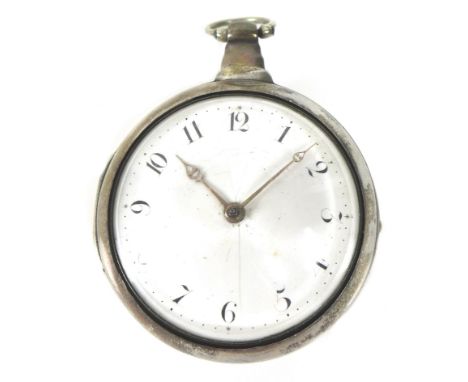 A George III silver pair cased pocket watch, key wind, the white enamel dial with black Arabic numerals, minute markers, bras