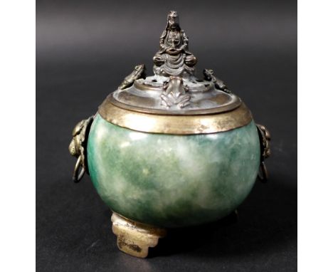 A Chinese silver and jade censer, its lid decorated with a central figure, possibly Quan yin, surrounded by three frogs, its 