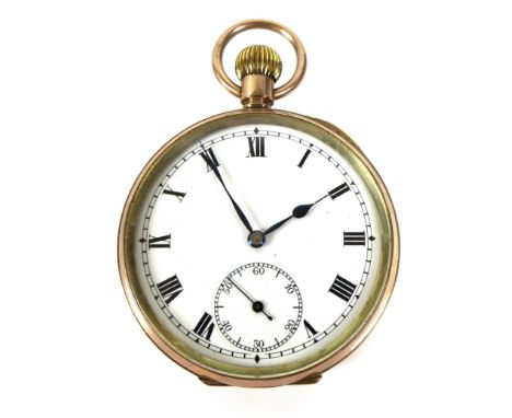 An Edwardian 9ct gold Erlim pocket watch, keyless wind, the white enamel dial with black Roman numerals, minute track, and a 