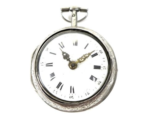 A George III silver pair cased pocket watch, key wind, the outer case with repousse decoration, the white enamel dial with bl