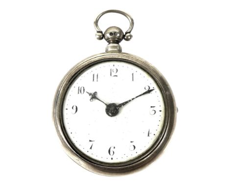 A George III silver pair cased pocket watch, key wind, the white enamel dial with black Arabic numerals, minute markers, blue