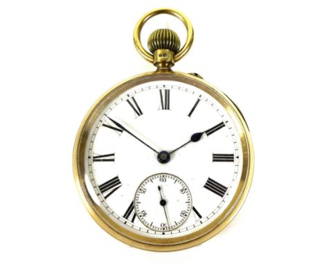 An Edward VII 18ct gold pocket watch, open faced, keyless wind, the white enamel dial with black Roman numerals, minute track