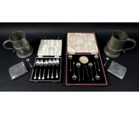 A mixed lot of silver and other metal items, comprising a cased set of silver coffee spoons, a cased set of EPNS coffee spoon