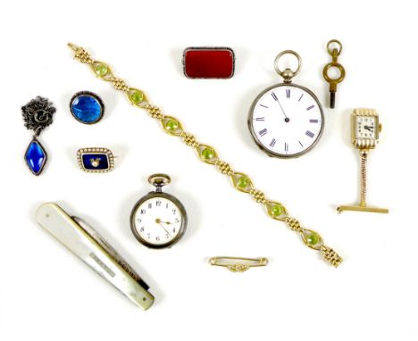 A 9ct gold fob watch case with Arabic dial, yellow metal chain and 9ct gold clasp with steel pin, overall weight 9.1g, with a