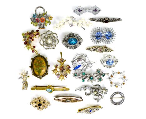 A group of costume brooches, including examples set with coloured stones, paste, and faux pearls, an Art Deco style diamond s