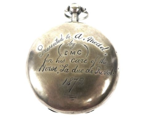 A Victorian silver full hunter pocket watch, the white enamel dial with black Roman numerals, minute track, brass hands, verg