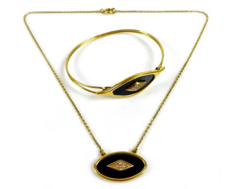An 18ct gold, black enamel and diamond bangle and necklace demi-parure set, each set to the centre with four small brilliant 