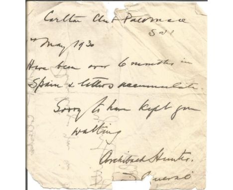 General Sir Archibald Hunter, GCB, GCVO, DSO, TD handwritten note 1930. (6 September 1856 - 28 June 1936) he was a senior off