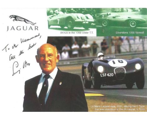 Stirling Moss signed and dedicated 6x4 colour promo photograph. This item shows a collage of pictures of Moss over his career