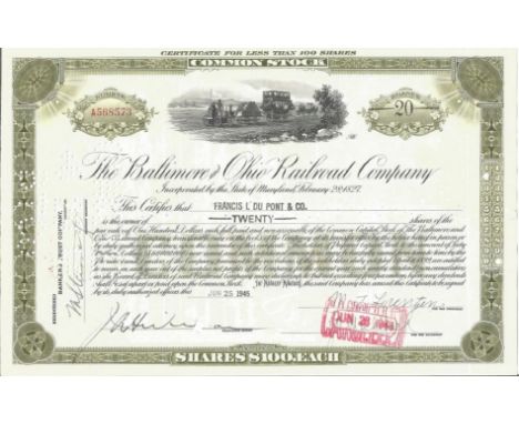Baltimore Ohio Railroad Company 1945 Share Certificate. Good condition. All autographs come with a Certificate of Authenticit