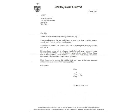 Stirling Moss TLS dated 27th July 2010, responding from a friends letter after his fall down a lift shaft. Moss was a British