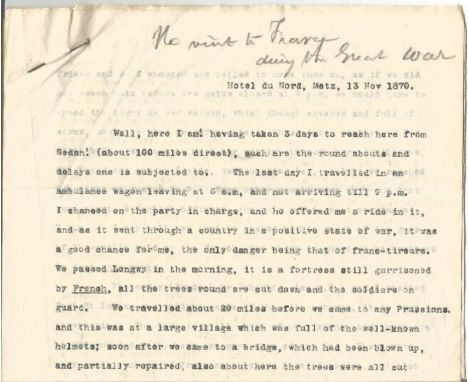 Historical typed letter with Franco-Prussian War interest 1870, four page typed manuscript dated 13 Nov 1970 Hotel du Nord, w