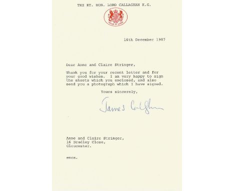 James Callaghan, Baron Callaghan of Cardiff TLS dated 16th December 1987 featuring a clear signature on headed paper from the