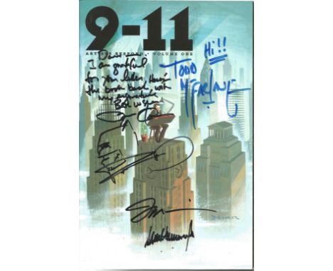 9-11 Artists Respond Volume One softback book signed on the cover by Todd McFarlane and four other artists who contributed to