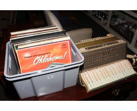 Casali Verona piano accordion and box of records