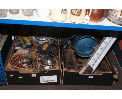 Two boxes of car parts and various tools