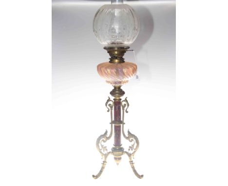 Late Victorian ornate oil lamp with coloured glass reservoir and etched shade
