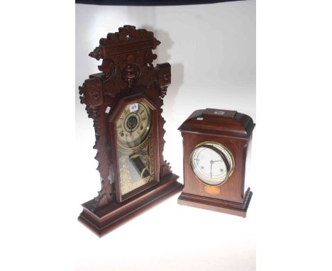Edwardian mahogany inlaid mantel clock, 33cm and mahogany gingerbread clock, 61cm (2)