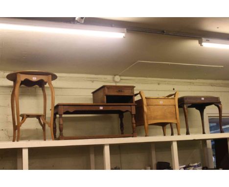 Occasional table, telephone seat, commode stool, cabriole leg stool and oak wall clock (5)