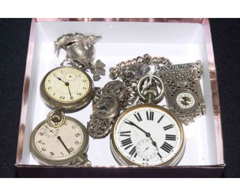 Box with three pocket watches, two silver bracelets, small silver clock, silver snail, and silver brooch 