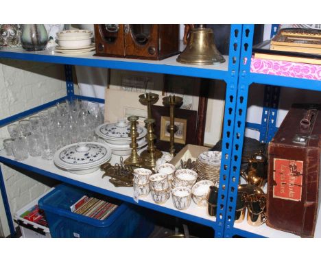 Vintage suitcase, brassware, glassware, tea and dinnerware and crystal glassware