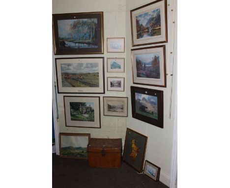 Hunting print, Heaton Cooper print, pair Lakeland limited edition prints, eleven various prints and tin trunk