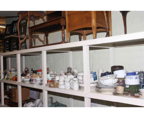 Full shelf of china, teaware, dinnerware, storage jars, planters, ornaments, etc