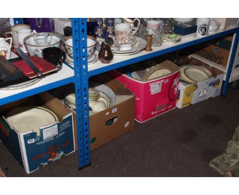 Four boxes of dinnerware, glassware, cutlery, etc, and a carver chair