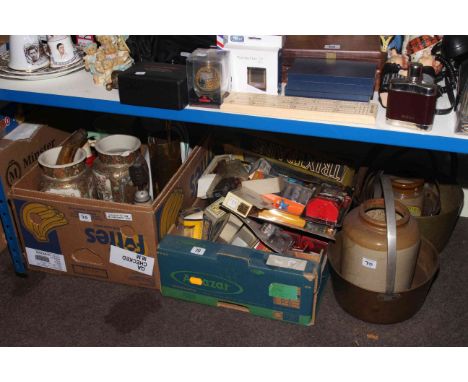 Vintage flour bin, large quantity of pictures, brass jam pans, model vehicles, pair of Satsuma vases, etc