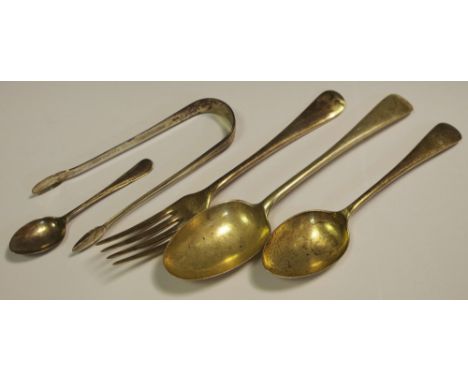 A pair of George III silver sugar bows, London 1811; a silver tablespoon, London 1930; a silver fork, Birmingham 1939; etc (5