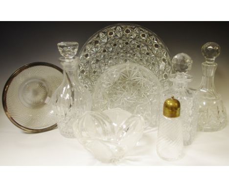 A cut glass decanter; two others; a circular cake platter; fruit bowls; sugar caster; qty