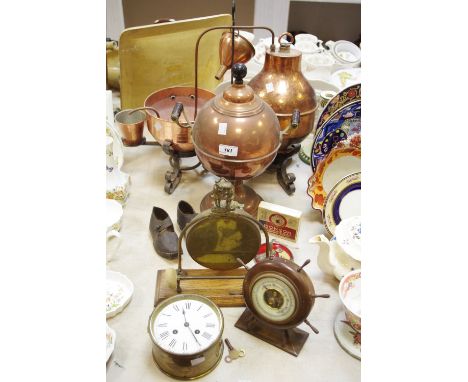 Metalware - a copper samovar; a table gong; a distillery set; a barometer set in a ship's wheel; a drum clock; a pair of chil