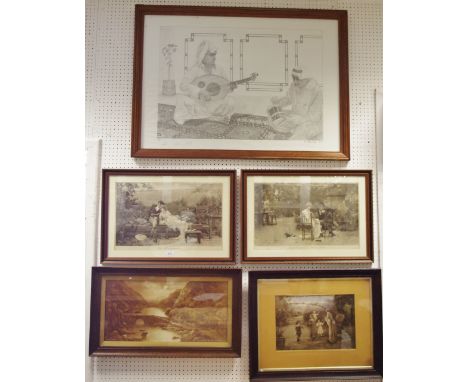 Prints - A pair of monochrome prints, Marcus Stone - Two's company three's none; The Honeymoon; another, Playmate; Serpent La