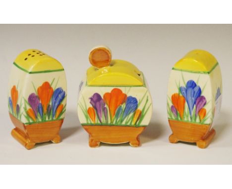 A Clarice Cliff Crocus pattern three piece cruet set